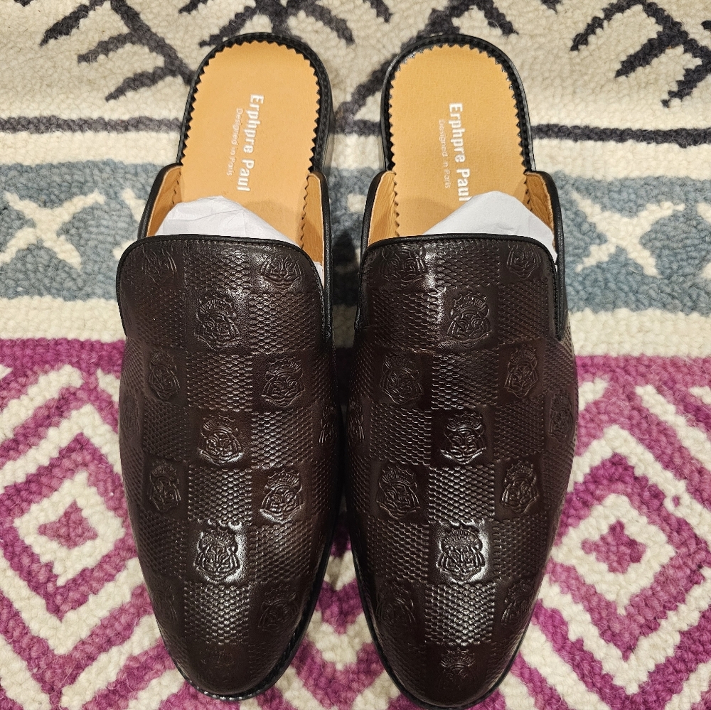 Men's HANDMADE, Premium, Embossed, Made in Paris, Red Bottom, Backless Loafers.